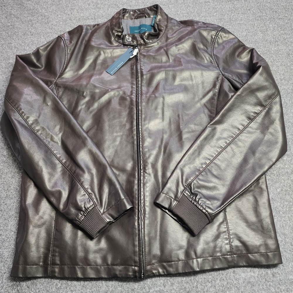 NWT Perry Ellis Men's XL Brown Leather Jacket Full Zip Moto Casual